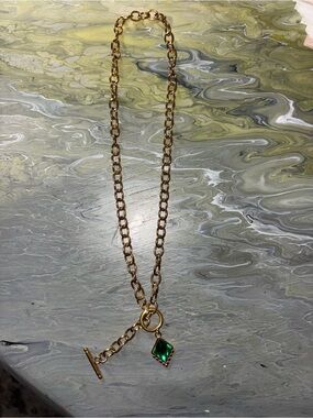 Gold Chain Necklace with Emerald Green Glass Pendant